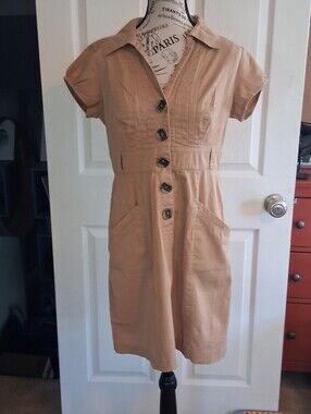 Robbie Bee Tan Khaki Safari  Button-Front Shirt Knee Length Midi Dress 6